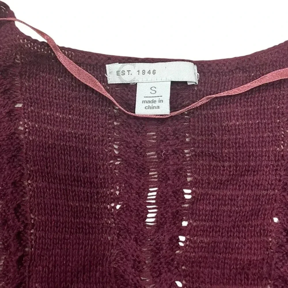 Est 1946 Burgundy Pierced Knit Fringe Cardigan Sweater S